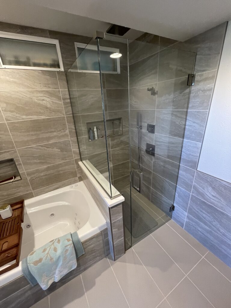 Walk-in shower remodel in Westminster Colorado with custom tile installation