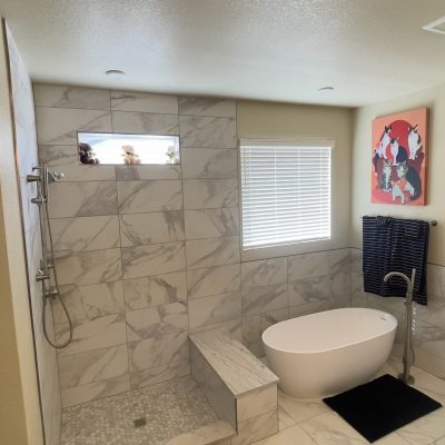 Bathroom remodel in Lafayette, CO with custom tile shower and modern finishes