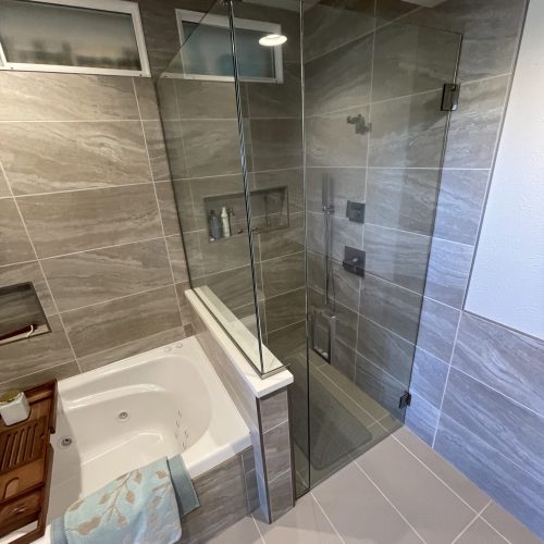 Walk-in shower remodel in Westminster Colorado with custom tile installation